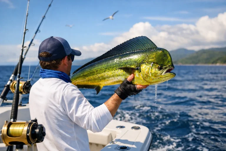 Angler holding a trophy bull dorado caught on a Quepos fishing charter in Costa Rica aboard Pez Loco