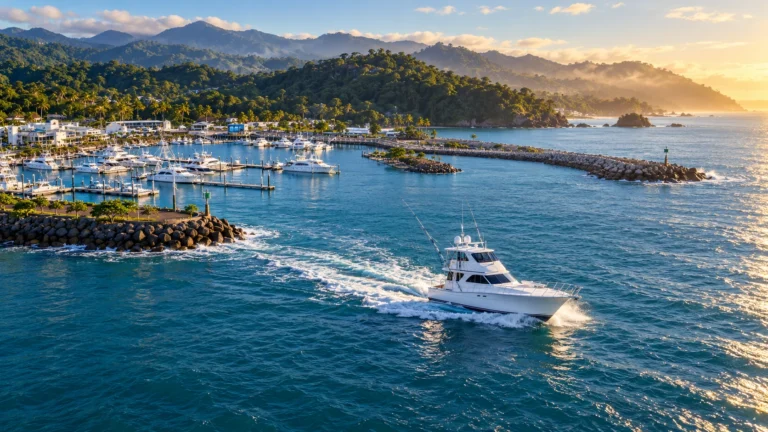 Photorealistic AI recreation inspired by the Pez Loco Viking 60 departing Marina Pez Vela in Quepos
