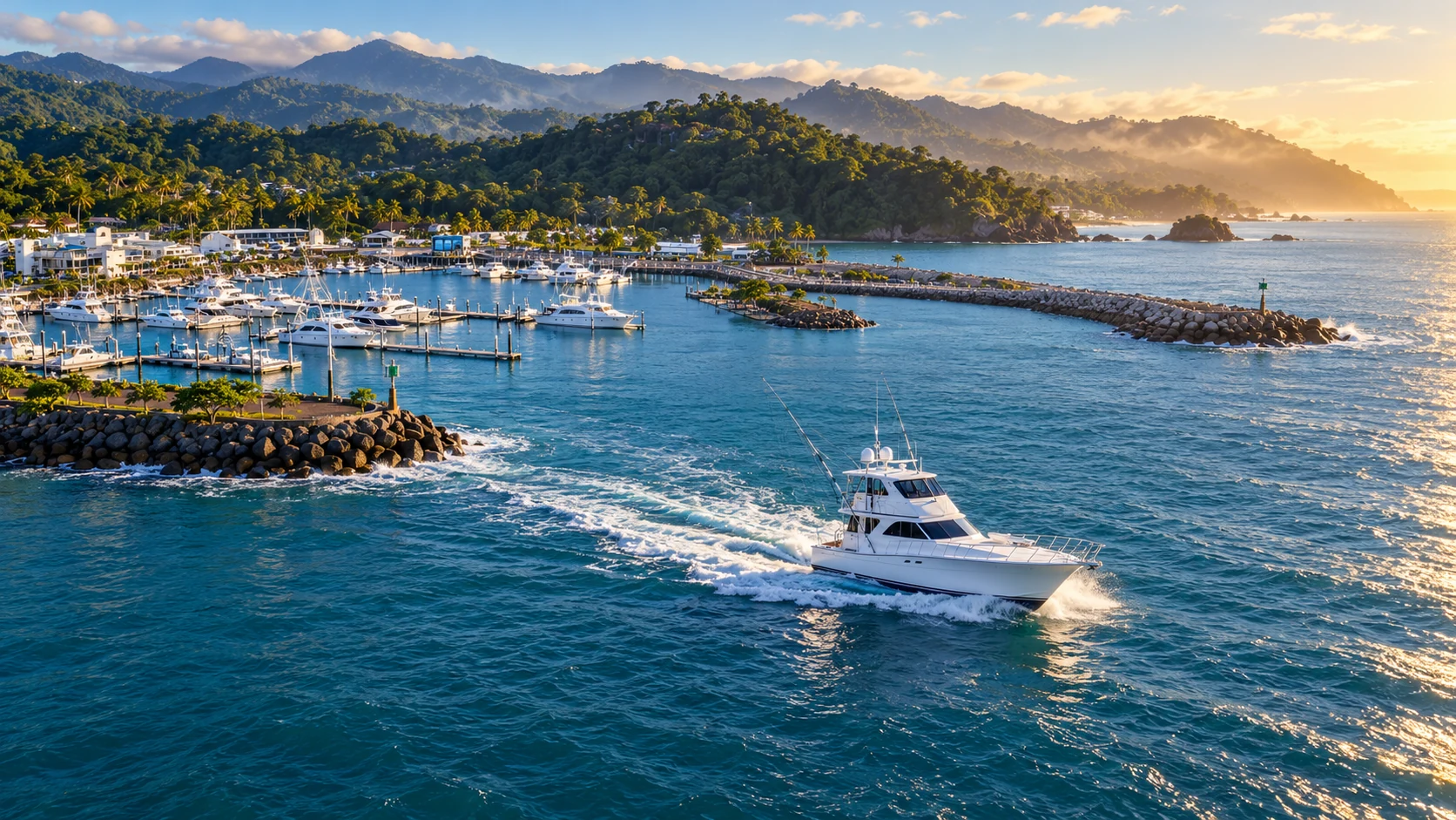 Photorealistic AI recreation inspired by the Pez Loco Viking 60 departing Marina Pez Vela in Quepos