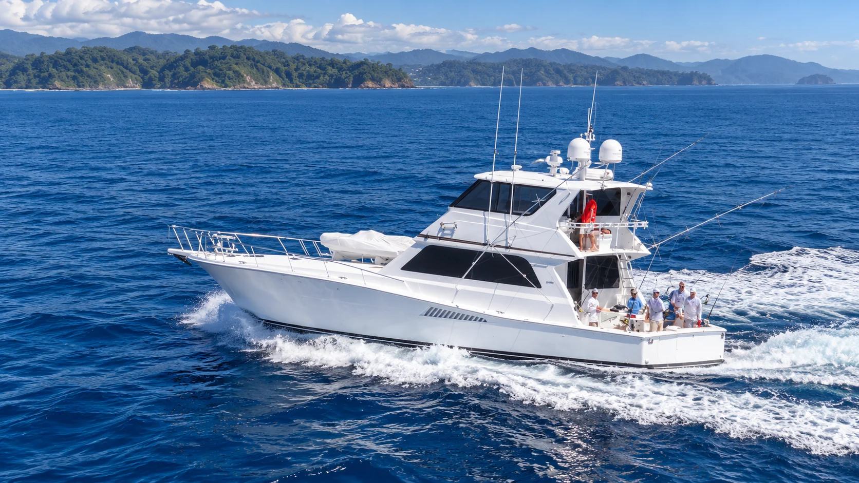 Photorealistic AI recreation of the Pez Loco Viking 60 cruising on the Pacific off the Costa Rican coast
